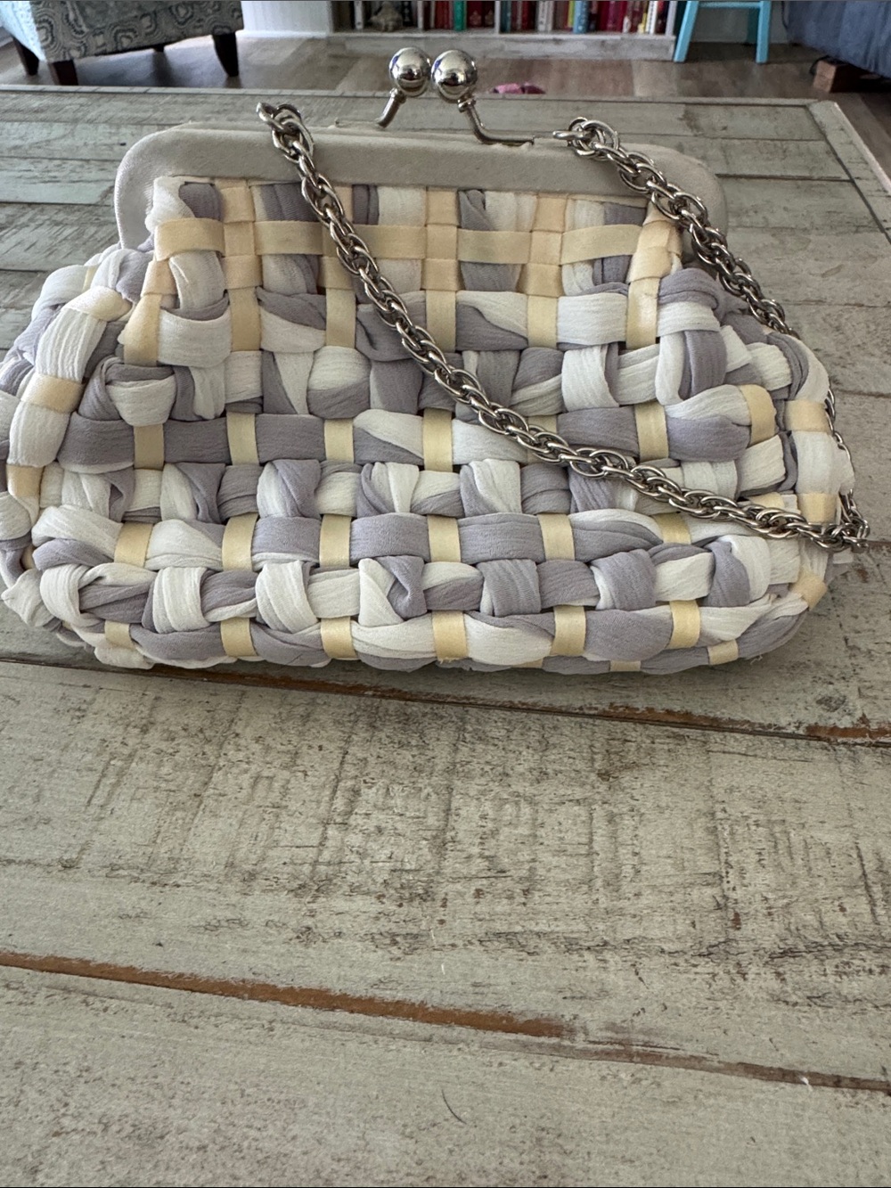 Kate Landry Woven Wristlet in Cream, Gray & White with Silver Chain